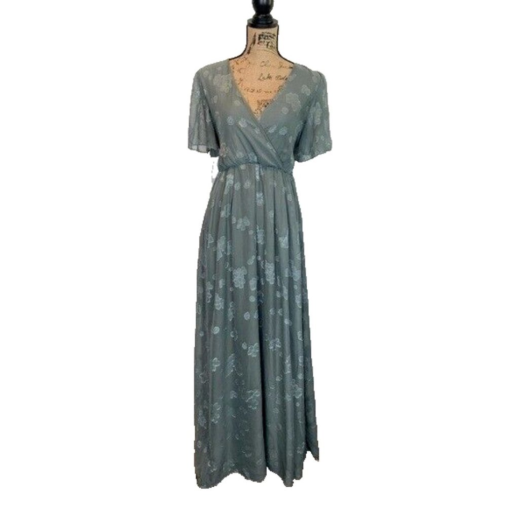 Baltic Born Floral Maxi Dress Chiffon Size Large V-Neck Coastal Sage Green